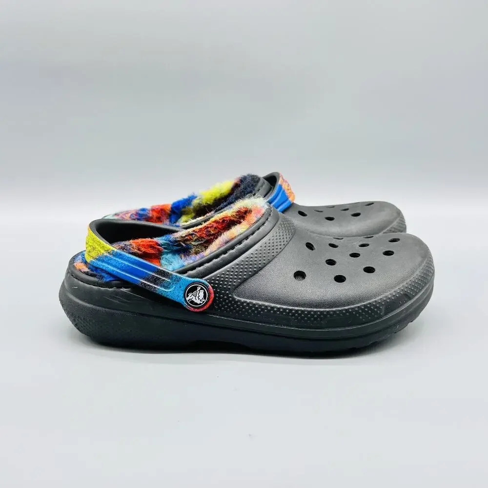 Crocs Shoes Kids 4 Black Classic Lined Clog Spray Tie Dye Fuzzy Warm Plush